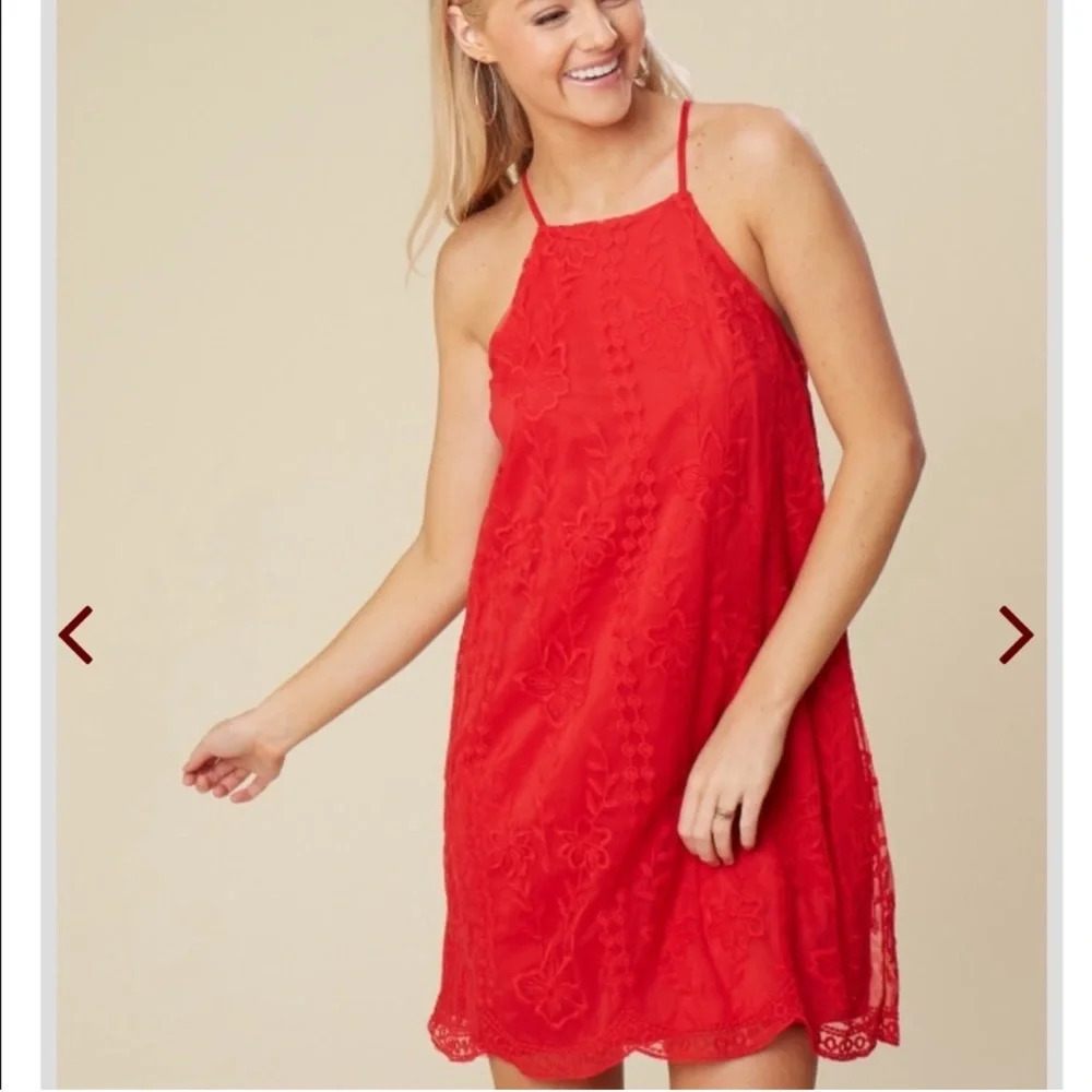 Altar'd State Red Floral Mini High Neck Shift Dress Flowy Lace Sexy Red Short